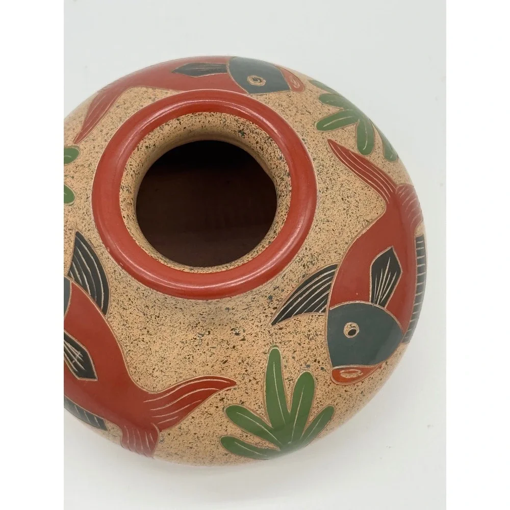 Vintage Nicaraguan Folk Art Pottery Vase Hand Carved Inciso Fish Design Boho